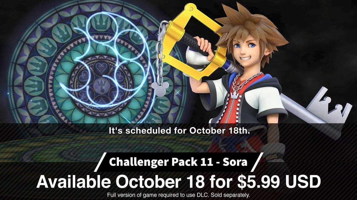 Geek2GeekMX's tweet photo. ¡Es oficial, Sora será el ultimo personaje que llegará a #SmashBrosUltimate y estará disponible el 18 de octubre!

Fuente: @NintendoAmerica https://t.co/NsMLeqegsG