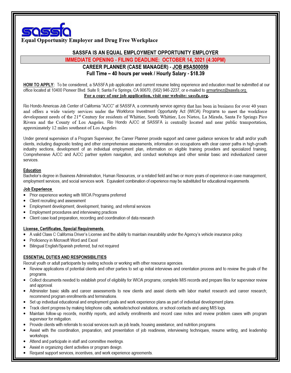 Rio Hondo AJCC on Twitter: "SASSFA / Rio Hondo AJCC is Hiring a CAREER  PLANNER (CASE MANAGER) IMMEDIATE OPENING - FILING DEADLINE: OCTOBER 14,  2021 (4:30PM)#job #work #Hiring https://t.co/QHDCdj7OCt" / Twitter