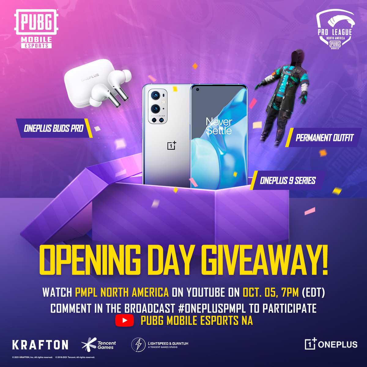 EsportsPUBGM's tweet photo. PMPL North America is today!
Watch the opening day on YouTube channel PUBG MOBILE Esports & comment #OnePlusPMPL to win the great gift package! @oneplus_usa
Follow @esportspubgmna for more tournament info!
(valid only for the United States & Canada) #PUBGMOBILE #PMPL #OnePlus https://t.co/oz4j45bL2j
