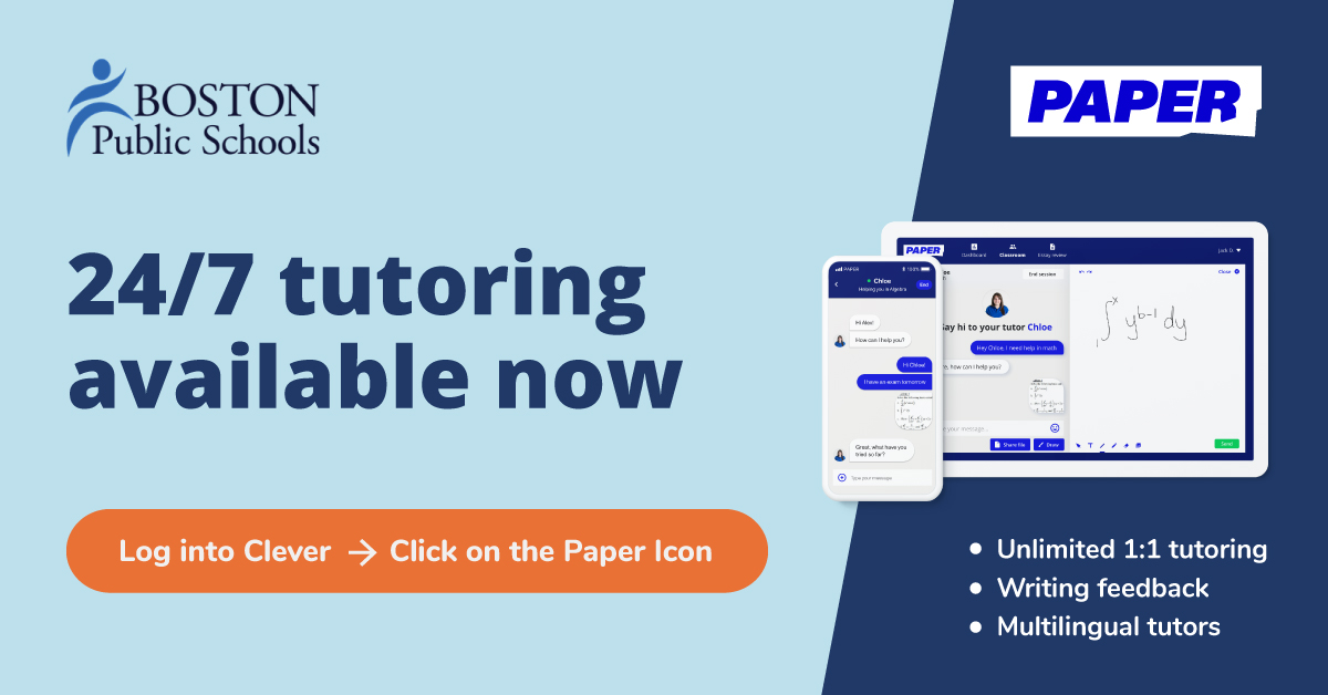 #ICYMI <a href="/BostonSchools/">BostonPublicSchools</a> is excited to partner w/ @PAPERlearning to give our students access to FREE, unlimited, 24/7, 1:1 academic support! Our teachers now have 1,000s of TA’s accessible to them to help support our scholars - including those who need to quarantine.