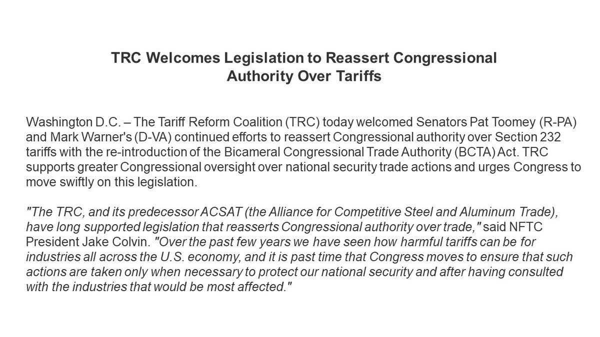NFTC's tweet image. TRC Welcomes Legislation to Reassert Congressional Authority Over Tariffs bit.ly/3BgkGKr