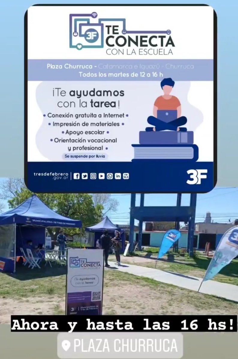 3FGonza's tweet photo. 💻📚 #3FTeConecta te espera para que puedas acceder a internet, realizar tareas escolares y no perder el contacto con la #escuela
¿Dónde?
📍 Catamarca e Iguazú, Plaza #Churruca
📍 Plaza ex Nudo 9, #Ciudadela

#3FTieneUnNuevoNorte
#TresDeFebrero https://t.co/0ZRd4A65AI