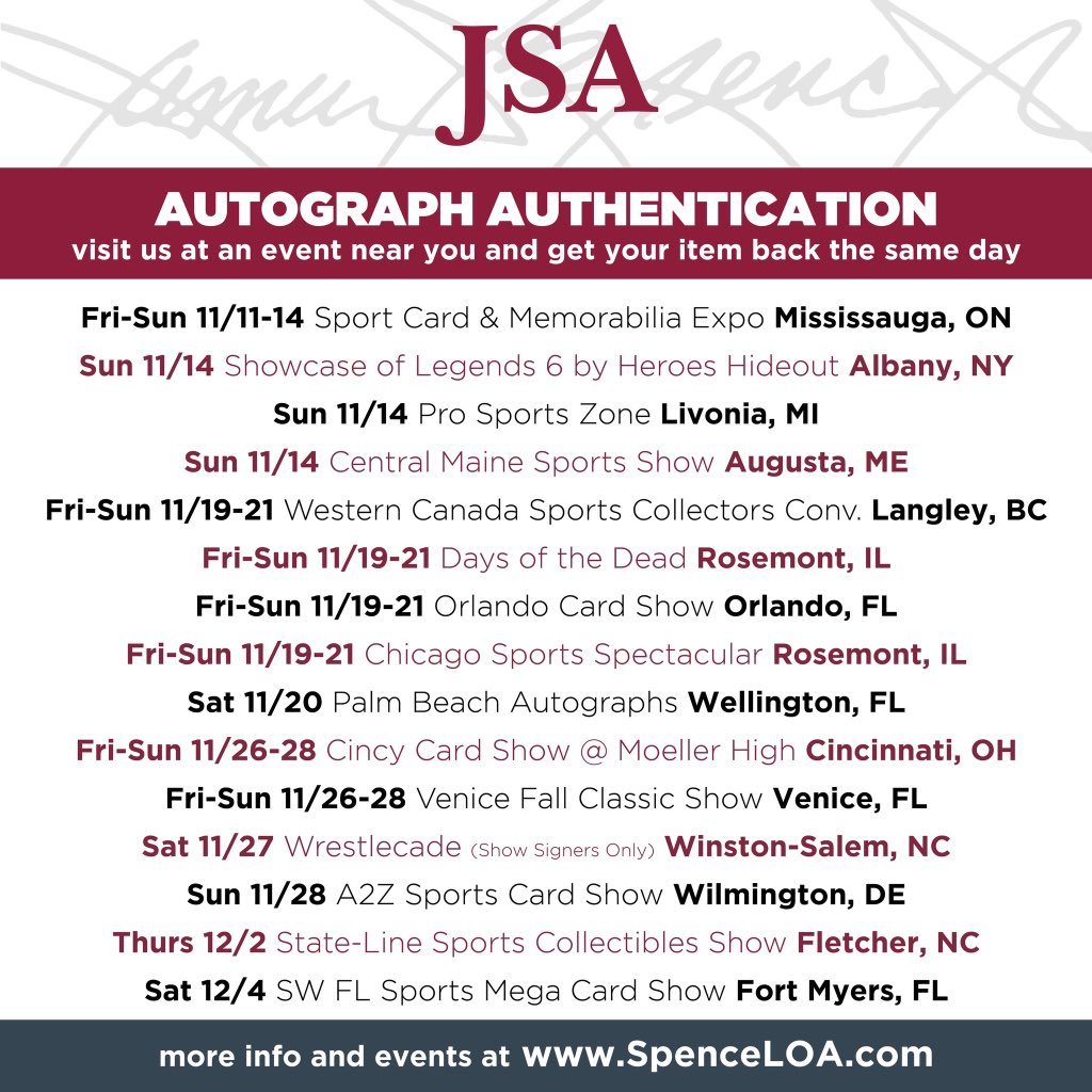 Current lineup of events. More dates will be added and are subject to change. 📆

#jsaauthenticated #jsawitness #jsaloa #practicesafesigs #showoffyoursigs #nycc #comiccon