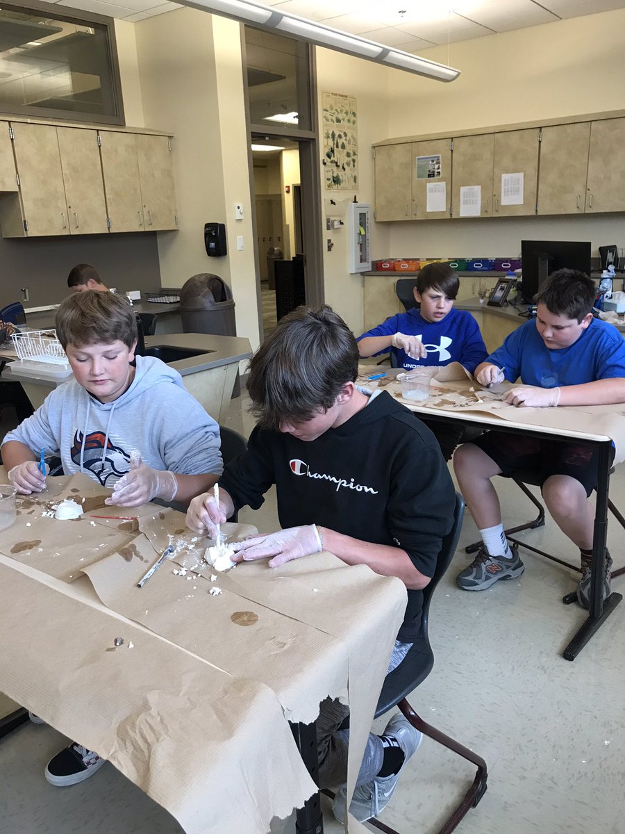 CprineScience's tweet photo. 7th graders practicing their paleontologist skills as they excavate fossils. #LMS https://t.co/q4qXp7fK30