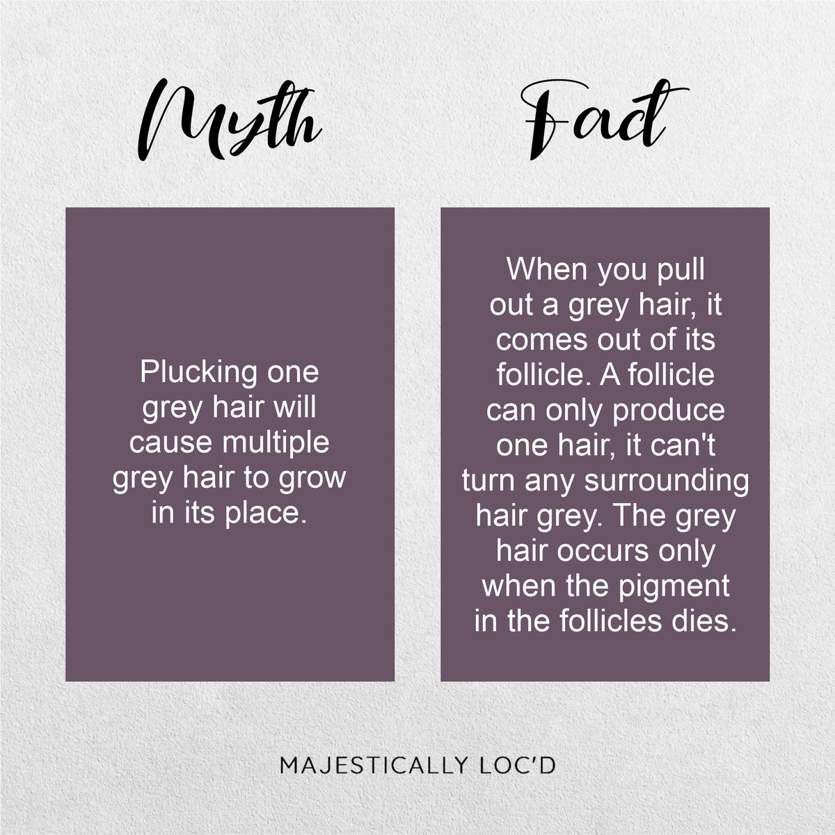 Do you think stress turns our hair grey?
.
No way! If that were true, we'd all be grey by high school. Going grey is a genetic thing. When the cells that produce melanin — your hair pigment — no longer produce color, it's over.
.
#majesticallylocd #hairrestoration