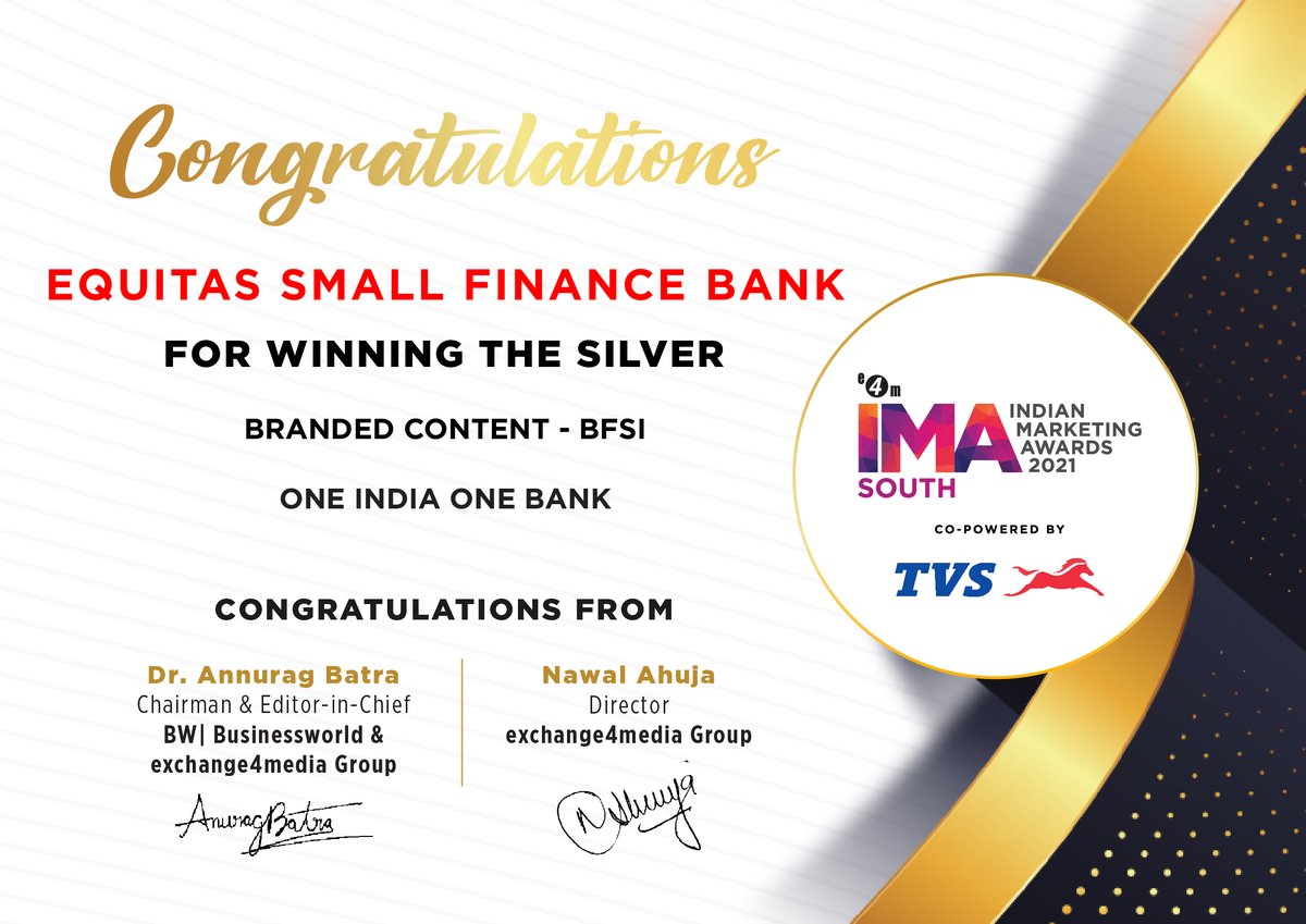 e4mevents's tweet photo. Congratulations to Equitas Small Finance Bank for winning SILVER for One India One Bank in the Branded Content- BFSI  @EquitasBank #e4mIMAS https://t.co/njGYTwftRV