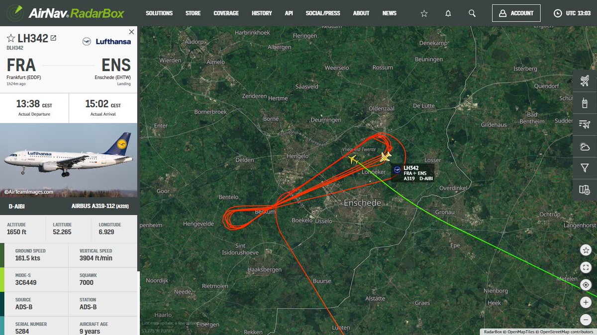 AirNavRadar's tweet photo. Lufthansa #LH342 from #Frankfurt to #Enschede is now in holding pattern for a #ENS landing. ✈️

Track #LH342 from #FRA to #ENS now:
https://t.co/FbrGqLEh7p

#Lufthansa #DAIBI #RadarBox #Aviation https://t.co/OBlLSHZN5O