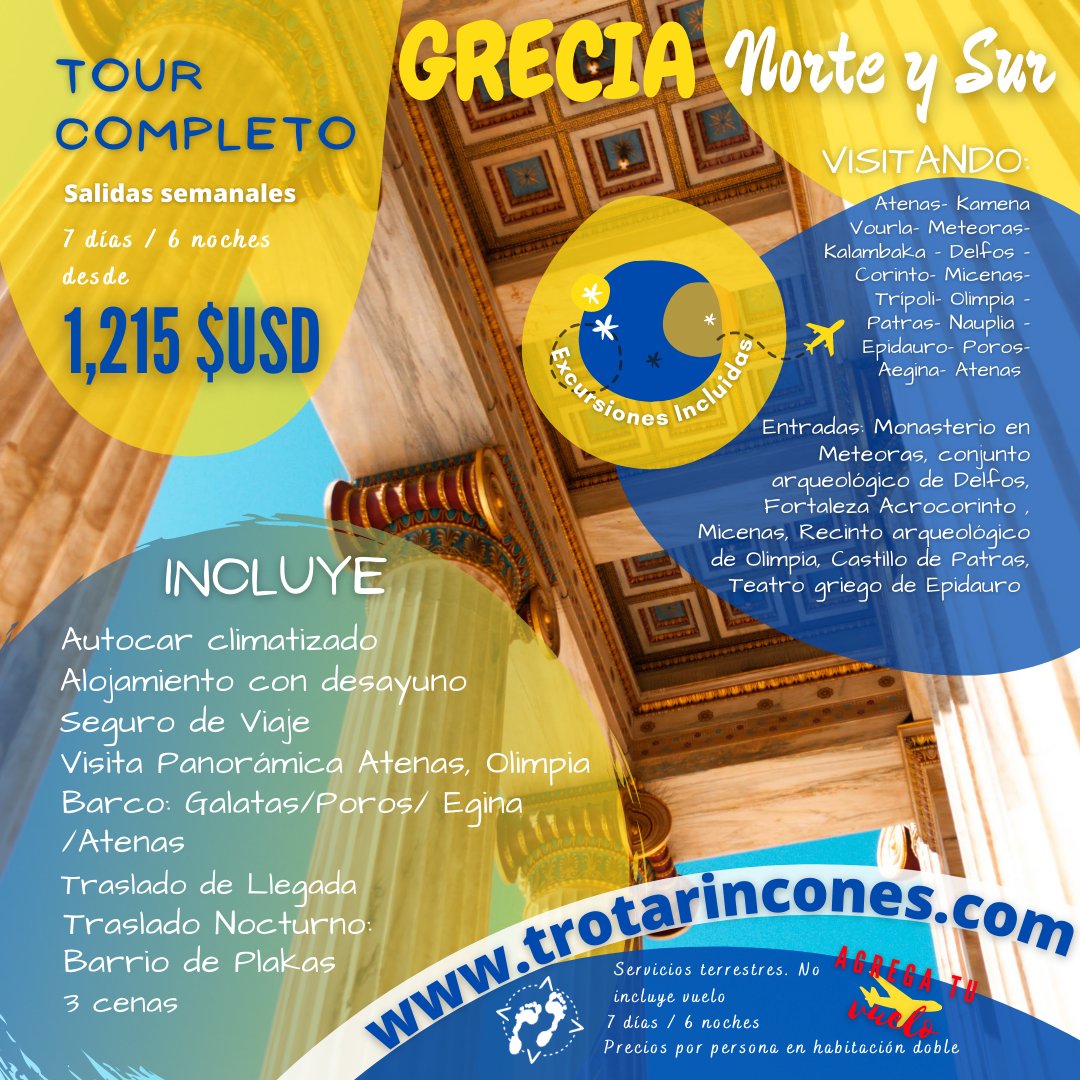 trotarincones's tweet photo. GRECIA Norte y Sur - Especial
Tour completo de 7 días/ 6 noches
Visitando #Atenas, #Kamena, #Vourla, #Meteoras, #Kalambaka, #Delfos, #Corintos, #Micenas, #Tripoli, #Olimpia, #Patras, #Nauplia, #Epidauro, #Poros, #Aegina, Fin en #Atenas. https://t.co/X16V5ikXz7