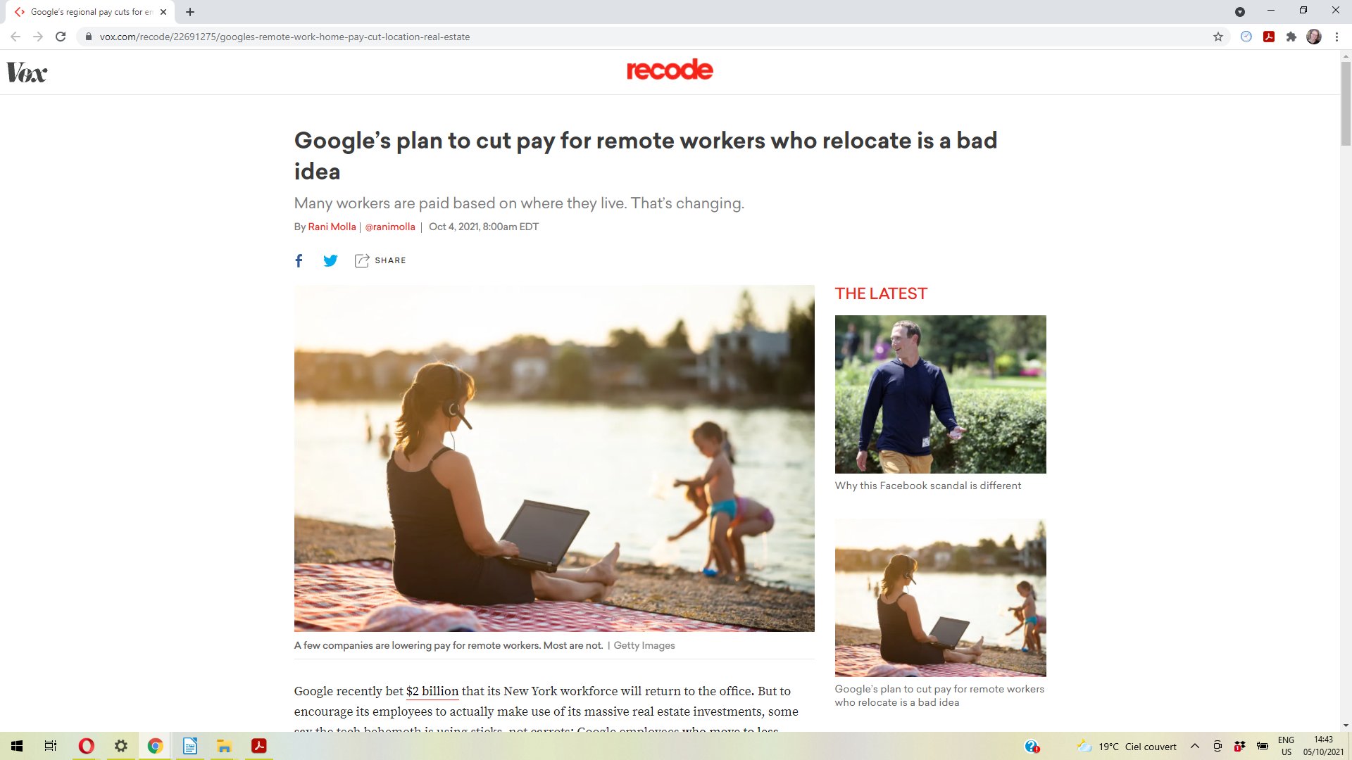 Screenshot of a Vox article illustrated by a distracted parent on the beach.