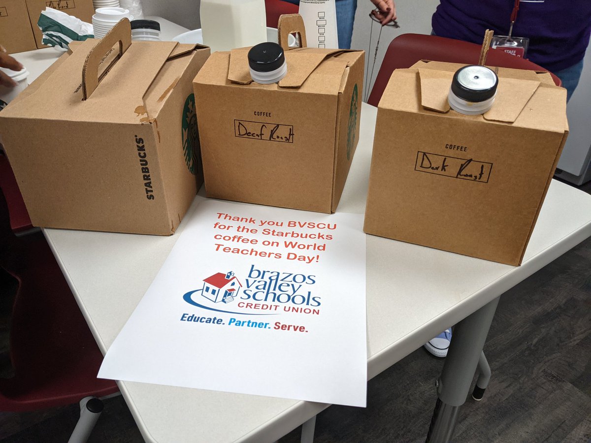 cheryljglasser's tweet photo. It's World Teacher Day and Brazos Valley Schools Credit Union is helping us celebrate with free Starbucks coffee for the teachers.  #RREpride #BVSCU https://t.co/82DWDd7ysb