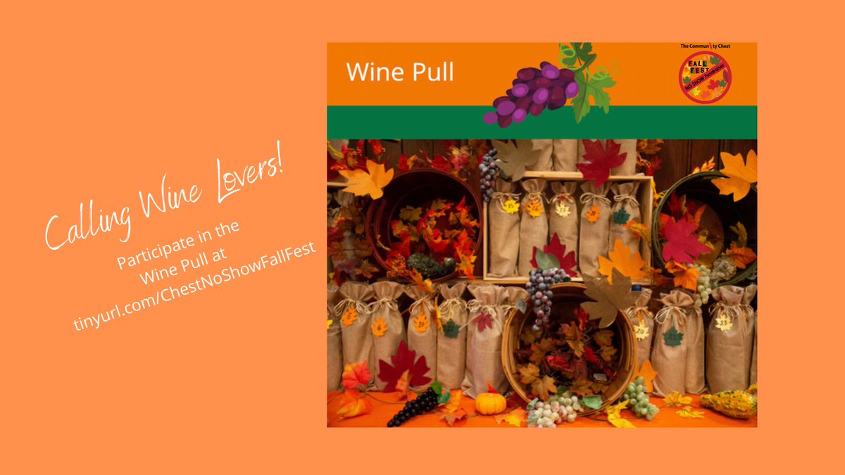 communitychest7's tweet image. 🗣Calling Wine Lovers! Tell Your Friends about the 'No Show Fall Fest' Auction for some great finds at tinyurl.com/ChestNoShowFal….  

Participate in the Wine Pull for an opportunity to receive a quality bottle of wine for only $25 each pull.👏

#NoShowFallFest #WinePull #Auction