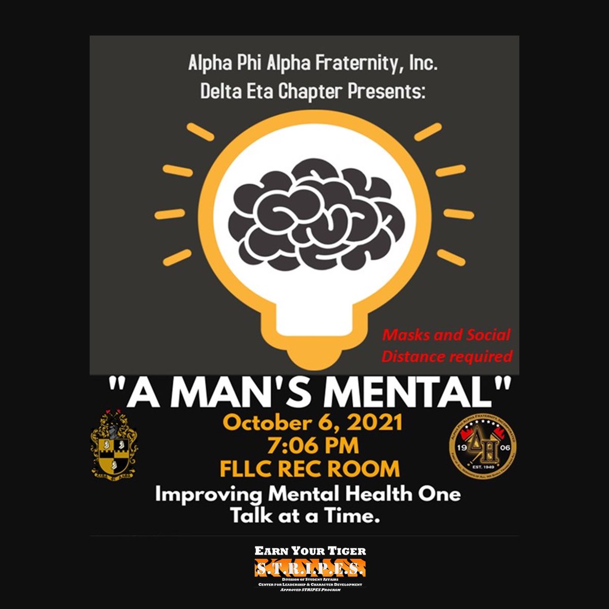 #SSU Join the Delta Eta chapter as we dive into men’s mental health 🧠 to uncover common issues faced and solutions to them. A man’s mental is vital to his survival.

Ladies are also welcomed to attend. 
#SSUALPHAS #SERVANTSofALL