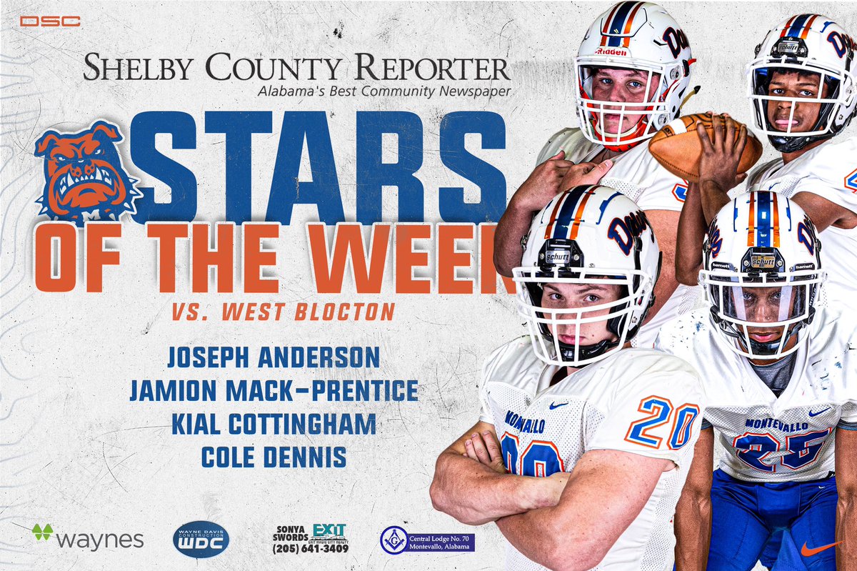 MHSDawgsFB's tweet photo. Congrats to @ColeMontevallo, @JamionPrentice, @Kial25883246, and @JosephA22035494 for being named Shelby County Reporter “Stars of the Week” for their performance against West Blocton! https://t.co/lvdyDg0s3i