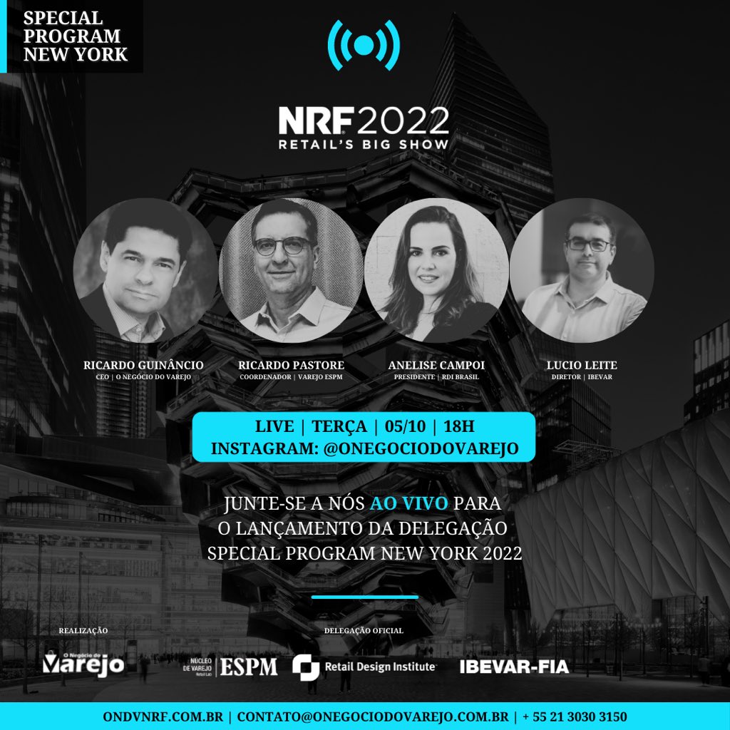 negociodovarejo's tweet photo. HOJE, TERÇA, às 18h, tem LIVE em nosso perfil no Instagram para o lançamento do Special Program New York - NRF 2022, com a presença do nosso CEO @r_guinancio , @ricardo_pastore , @AneliseCampoi e @luciomoraes2309 . Esperamos vocês!
#varejo #retail #nrf22 #onegociodovarejo https://t.co/yBCwZH7Gmp