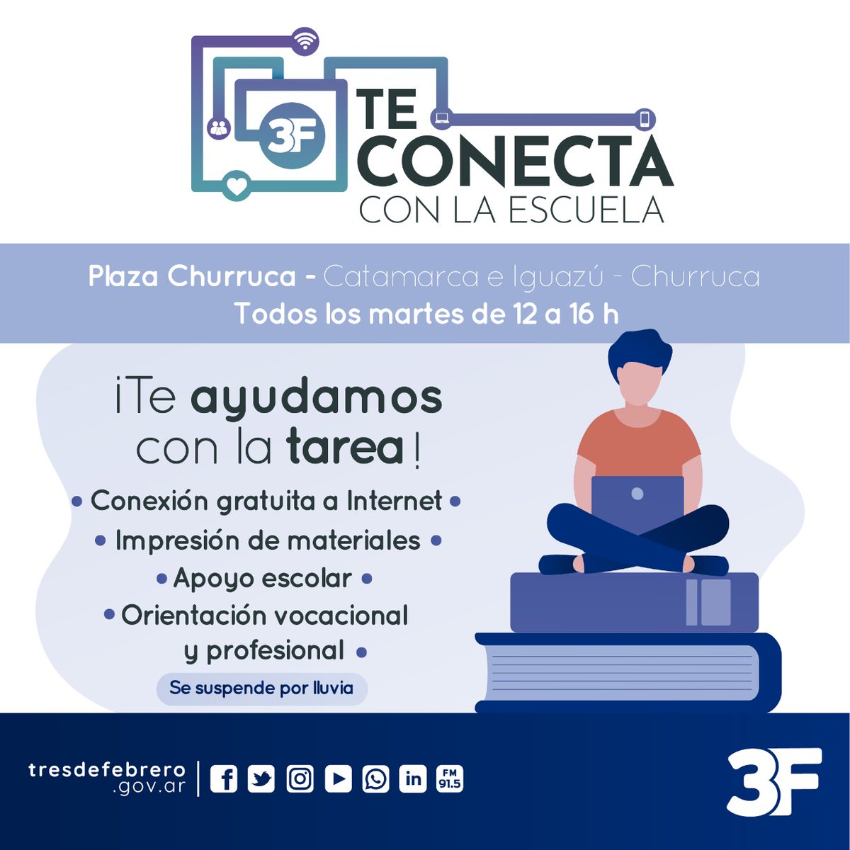 Municipalidad3F's tweet photo. 💻📚 Vuelven los puntos móviles gratuitos del programa #3FTeConecta para que los chicos puedan acceder a internet, realizar sus tareas escolares y no perder el contacto con la #escuela.

¿Dónde?

📍 Catamarca e Iguazú, Plaza #Churruca
📍 Plaza ex Nudo 9, #Ciudadela

Más info 👇 https://t.co/uRhTMXgpgz