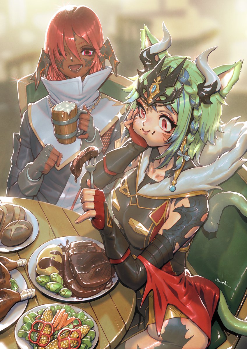 food 2girls red eyes multiple girls cat ears horns animal ears  illustration images