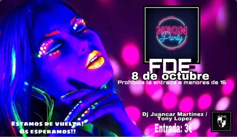 Ya está aquí la primera FDE🥳
Temática Neón: pulseras, pinturas…🙃
Entrada 3€
Traer DNI físico 
🍻Viernes 8 de octubre🍻
Para entrar en el sorteo de una entrada tenéis que dar ❤️ y retuitear
También sorteamos botellón y entradas en Instagram y Facebook 
Os esperamos a todos🕺🏽
