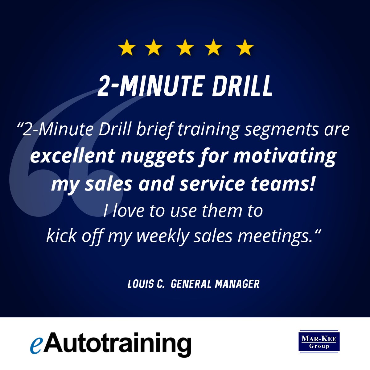 MarKeeGroup's tweet photo. 🔥 RED HOT! #2MinuteDrill training module of #eAutotraining is filled with over 100 #motivational, #inspirational tips, and includes practical #wordtracks!
Check it out► https://t.co/b3ck7pFFGL
#TestimonialTuesday https://t.co/QieH4rVTGy
