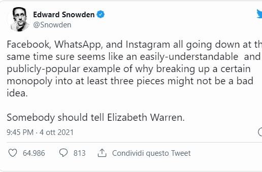 franciungaro's tweet photo. Il #socialdown del #4ottobre è costato a Zuckerberg $ 6,1 miliardi
Un errore interno di #configurazione dei #server ha mandato in tilt per quasi #7ore le tre #app più usate al mondo.
L’attacco dell'informativo @Snowden: “#Facebook andrebbe #spezzettato” https://t.co/yee7b8q06K
