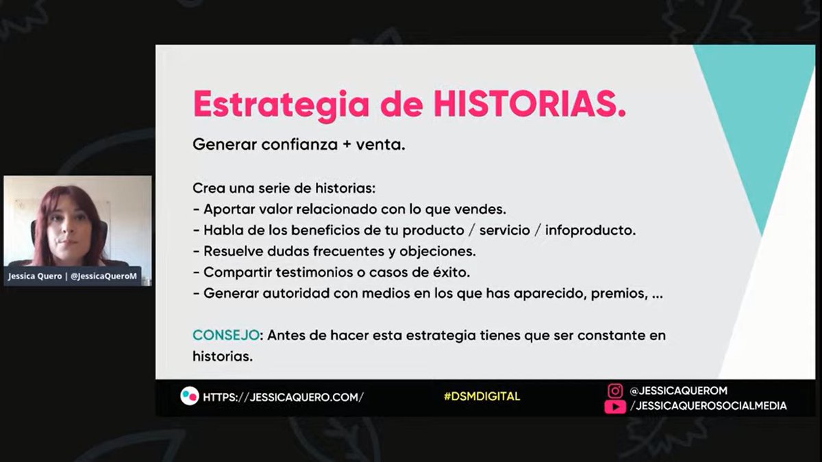 Estrategia de Historias <a href="/JessicaQueroM/">Jessica Quero 👩🏻‍💻</a> en #DSMDigital 
Generar confianza + Ventas