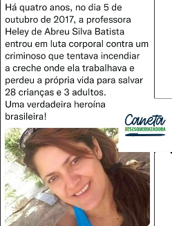 Enquanto o gado ovaciona o Augusto Nunes, o péssimo jornalista desinformador e MENTIROSO! Eu, de todo coração, lembro dessa rainha corajosa. O nome dela é Helley de Abreu Silva Batista! Merecia todas as homenagens possíveis e imagináveis que uma heroína poderia ganhar.