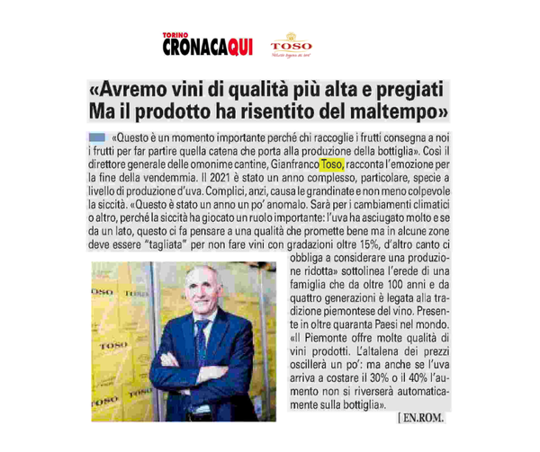 TosoSpA's tweet photo. In questo articolo per @CronacaQui_To Gianfranco Toso parla dell'annata 2021 che, a fine vendemmia, ha dato i suoi frutti nonostante sia stata sicuramente anomala rispetto alle scorse.
Nell'immagine l'articolo completo ⬇️ https://t.co/u7u3hJxbhy