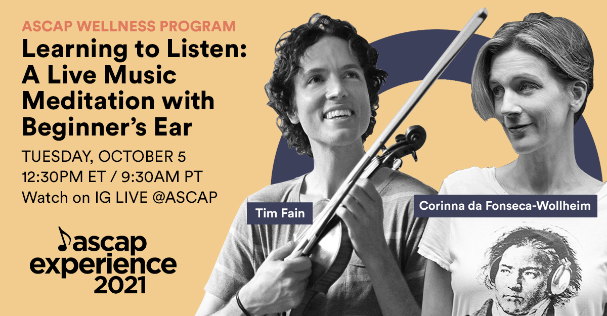 Nick Lehman (@nickl) on Twitter photo Excited to host this amazing intersection of #music + #mindfulness with Corinna da Fonseca-Wollheim’s Beginner’s Ear & violinist <a href="/timfain/">Tim Fain</a> - please join us today at 1230pm ET on <a href="/ASCAP/">ASCAP</a>'s #IG Live: bit.ly/FollowASCAPIG
#ASCAPWellness #meditation #ASCAP Excited to host this amazing intersection of #music + #mindfulness with Corinna da Fonseca-Wollheim’s Beginner’s Ear & violinist <a href="/timfain/">Tim Fain</a> - please join us today at 1230pm ET on <a href="/ASCAP/">ASCAP</a>'s #IG Live: bit.ly/FollowASCAPIG
#ASCAPWellness #meditation #ASCAP