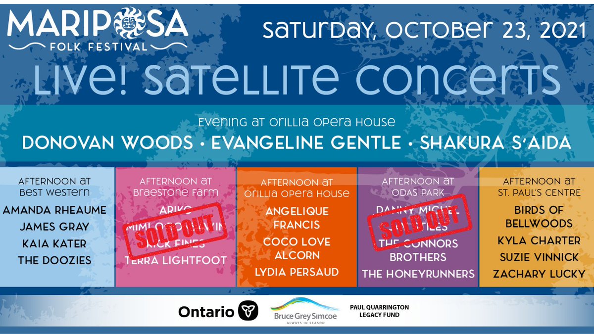 mariposafolk's tweet photo. There are still tickets left for the remaining Mariposa Satellite Concerts, but don't delay...get yours today at:  https://t.co/Ikp8Zer5Iz or by phoning the box office at 705-326-8011. https://t.co/Olb8bbHz2b