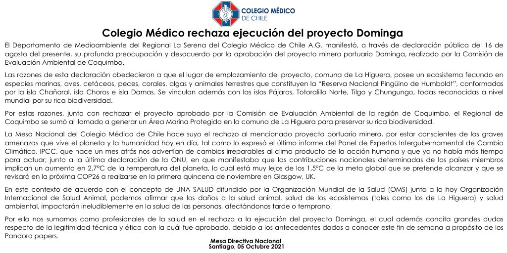colmedchile's tweet photo. #DeclaraciónPública
Compartimos declaración de Mesa Directiva Nacional sobre Proyecto Dominga
Como profesionales de la salud rechazamos su ejecución, tanto por implicaciones hacia nuestro ecosistema como por dudas respecto de la legitimidad técnica y ética con el que fue aprobado https://t.co/4hD1xciv1K