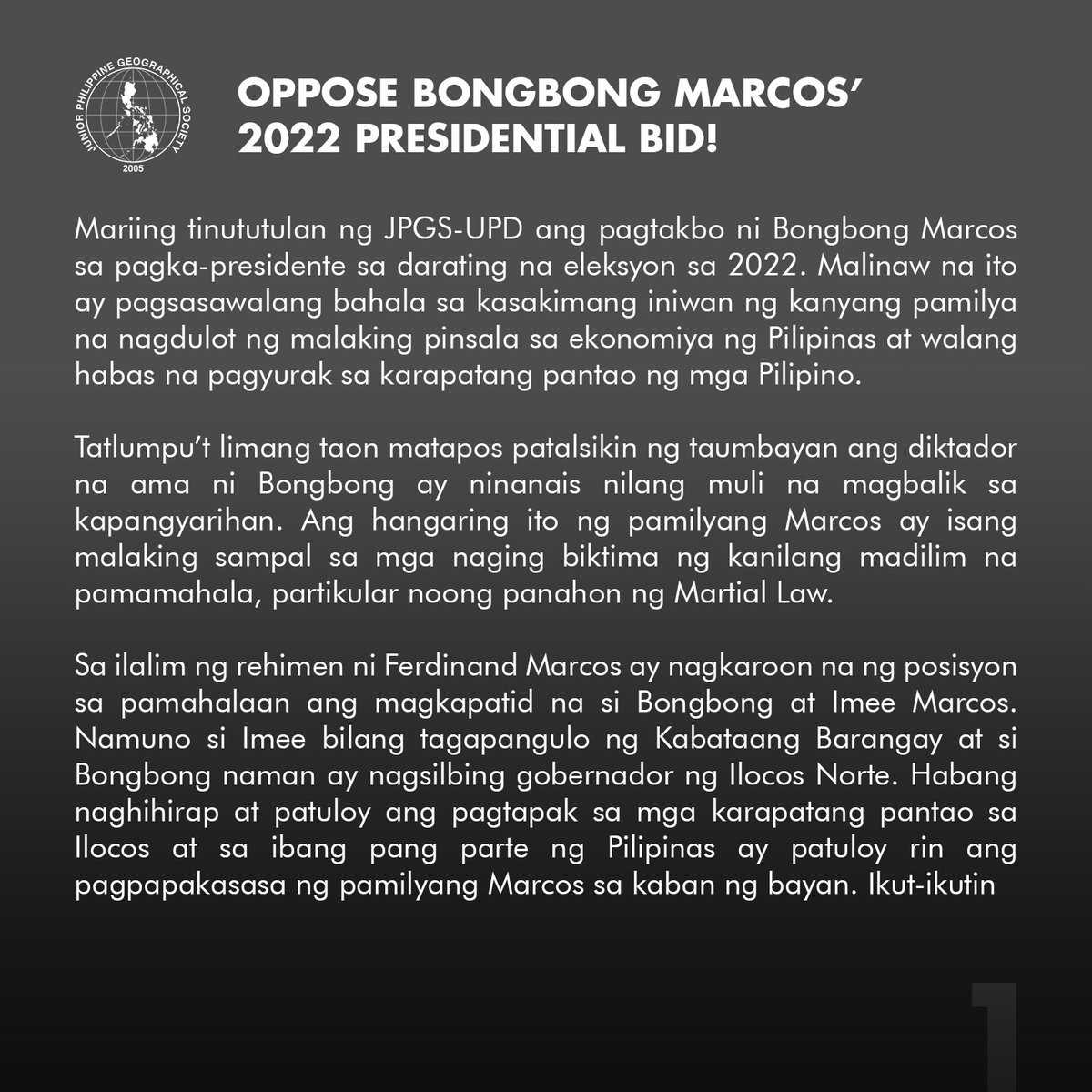 jpgs_upd's tweet photo. [PAHAYAG NG JPGS-UPD SA INTENSYON NI BBM SA PAGTAKBO BILANG PANGULO] 

Oppose Bongbong Marcos’ 2022 Presidential Bid! Walang puwang ang mga magnanakaw at mamamatay-tao sa Malacanang!

#NeverAgain
#NeverForget 
#NoDuterteMarcos2022 
#UPFightsBack https://t.co/gR1ceEjJDm