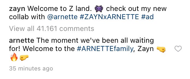 ztatus's tweet photo. . @arnette commented on @zaynmalik IG
“The moment we’ve been all waiting for! Welcome to the #ARNETTEfamily, Zayn 🤜🔥🤛” https://t.co/TWCeVWN5fa