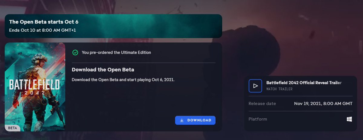Battlefield Bulletin on X: UPDATE #3: The #Battlefield 2042 Open Beta is  now available to pre-download via EA Desktop app for #PC users. If you're  still experiencing issues with Origin, you can