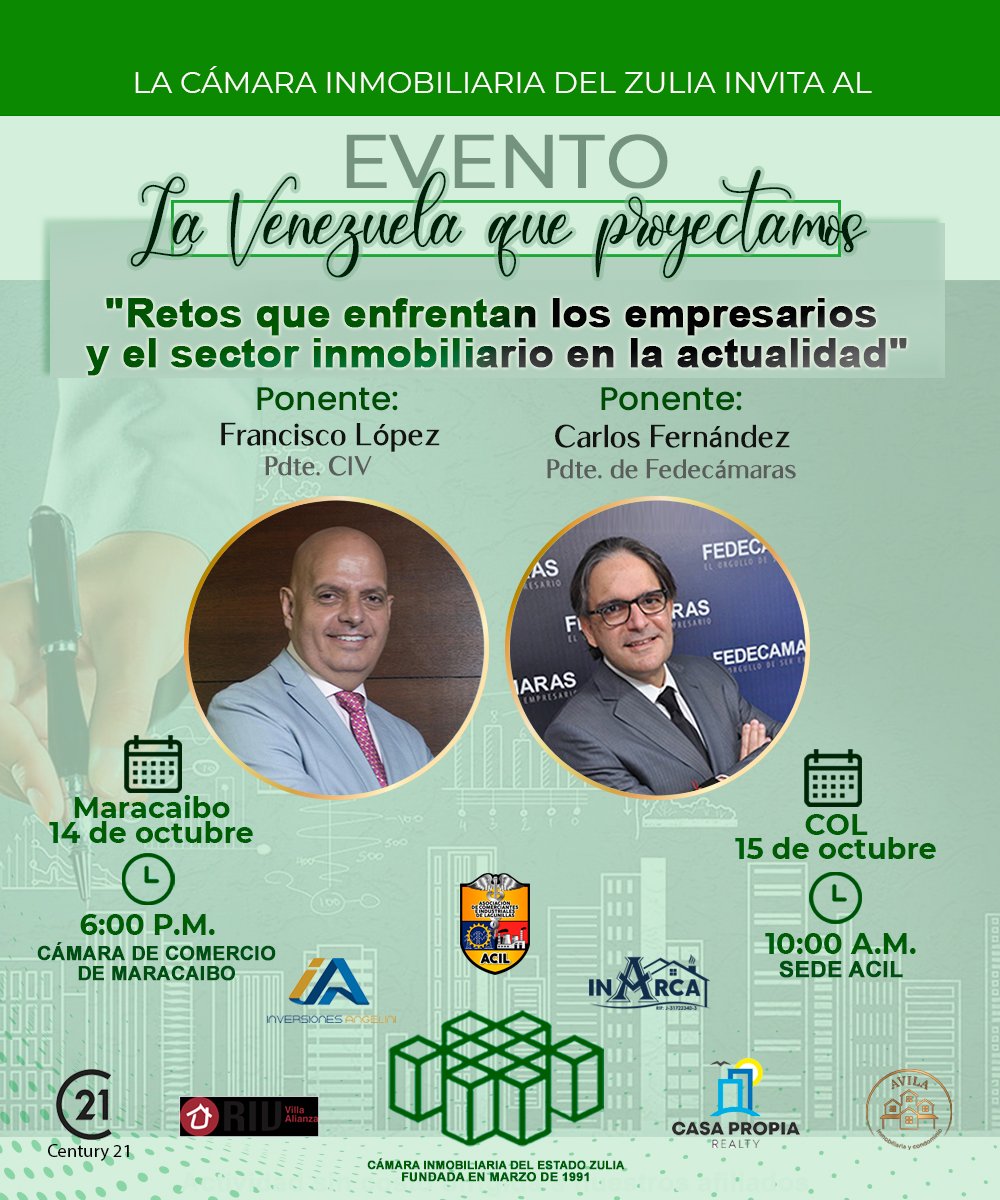 Una oportunidad única de participar y conocer la opinión de expertos como Francisco López <a href="/frank_lopezd/">Francisco Lopez</a> , presidente de la Cámara Inmobiliaria de Venezuela y Carlos Fernández <a href="/carfernandezga/">Carlos A. Fernández Gallardo</a> , presidente de Fedecámaras. Los días 14 y 15 de octubre en Maracaibo y la COL.