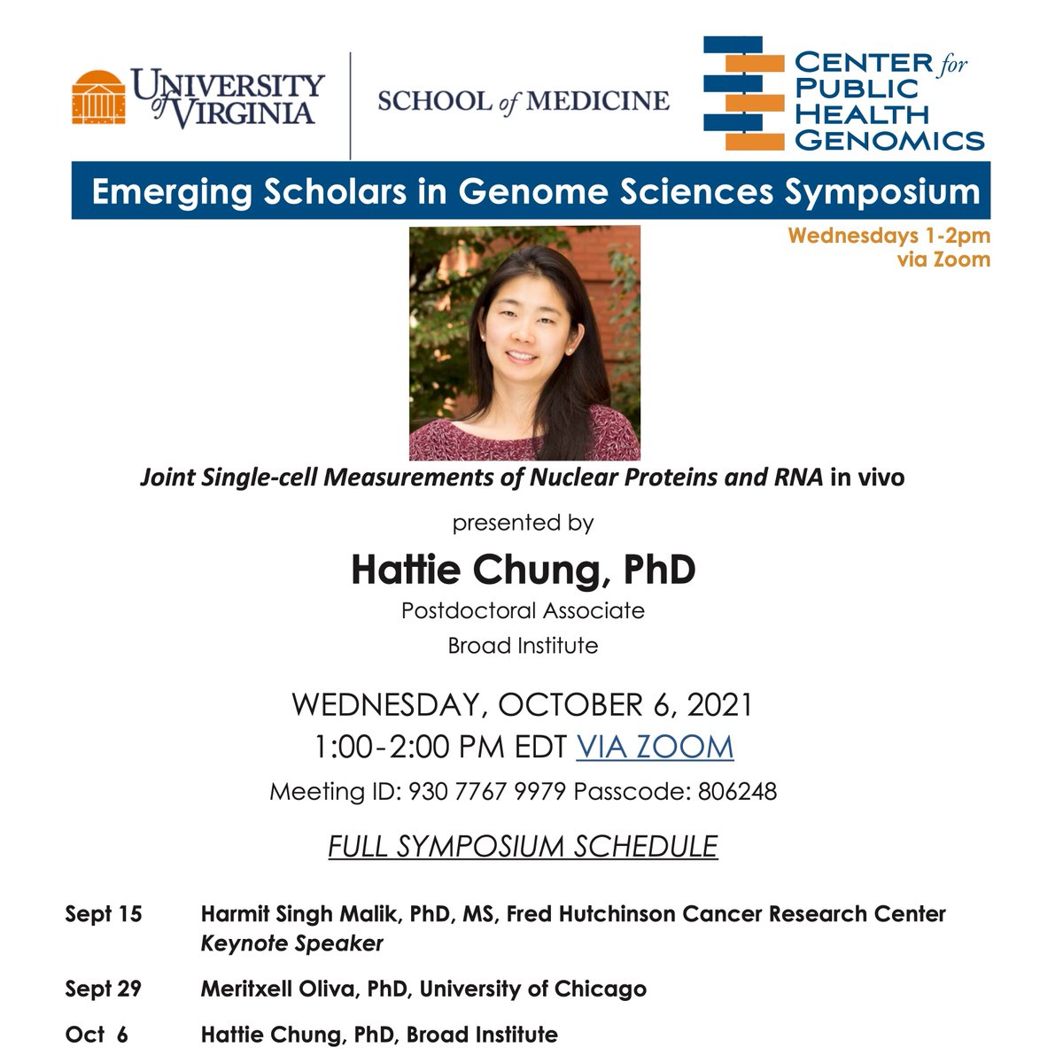 zangcz's tweet photo. The Emerging Scholars in Genome Sciences Symposium hosted by @UVACPHG will feature @hattaca Please join us Wed, 10/6 @ 1pm EDT! #ESSymposium #VirtualSymposium https://t.co/mZZFxvfK1n
