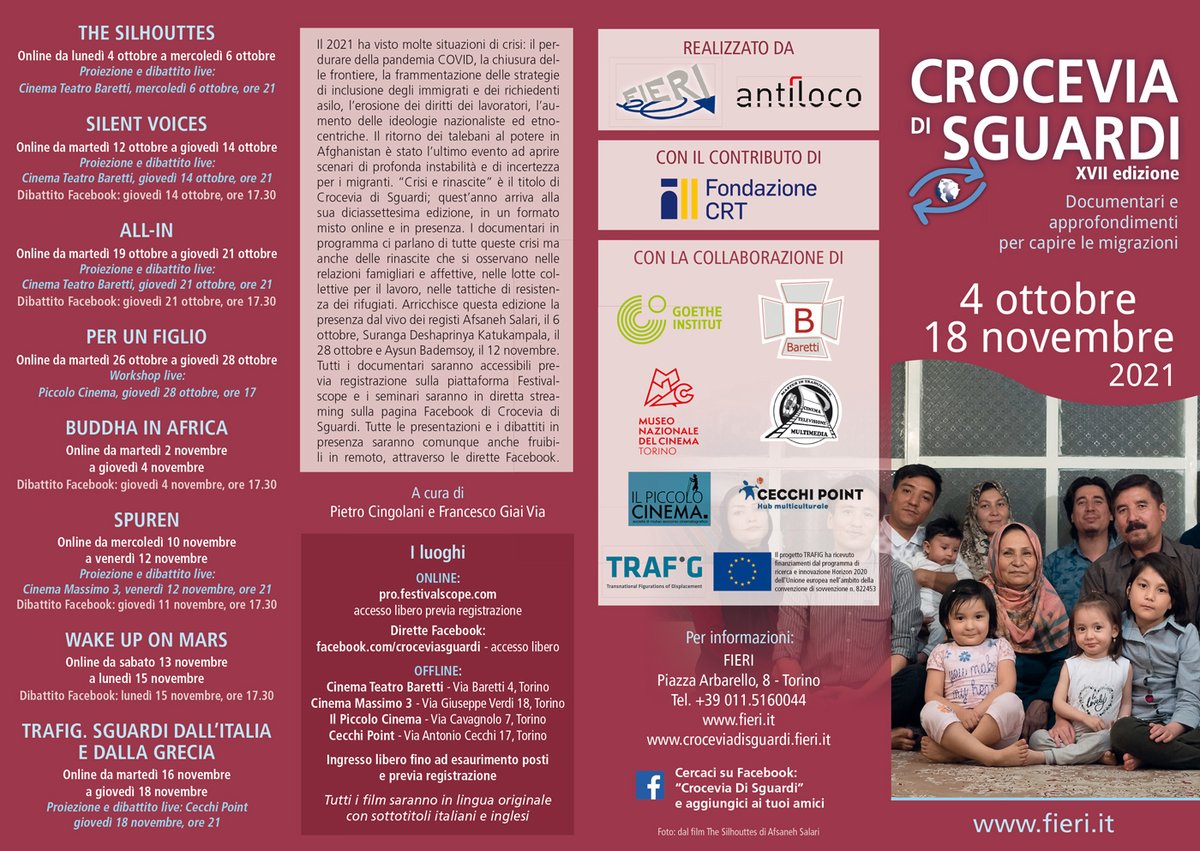 TRAFIG_EU's tweet photo. 📢From 4 October - 18 November 2021, the film festival CROCEVIA DI SGUARDI, organised annualy by @TRAFIG_EU partner organisation @FieriForum, is taking place - online &amp; offline!

This year's topic:  #Crises and #Rebirths 

Information &amp; Registration 👉 https://t.co/va6hHjQqx7 https://t.co/gtKD6DSVNt