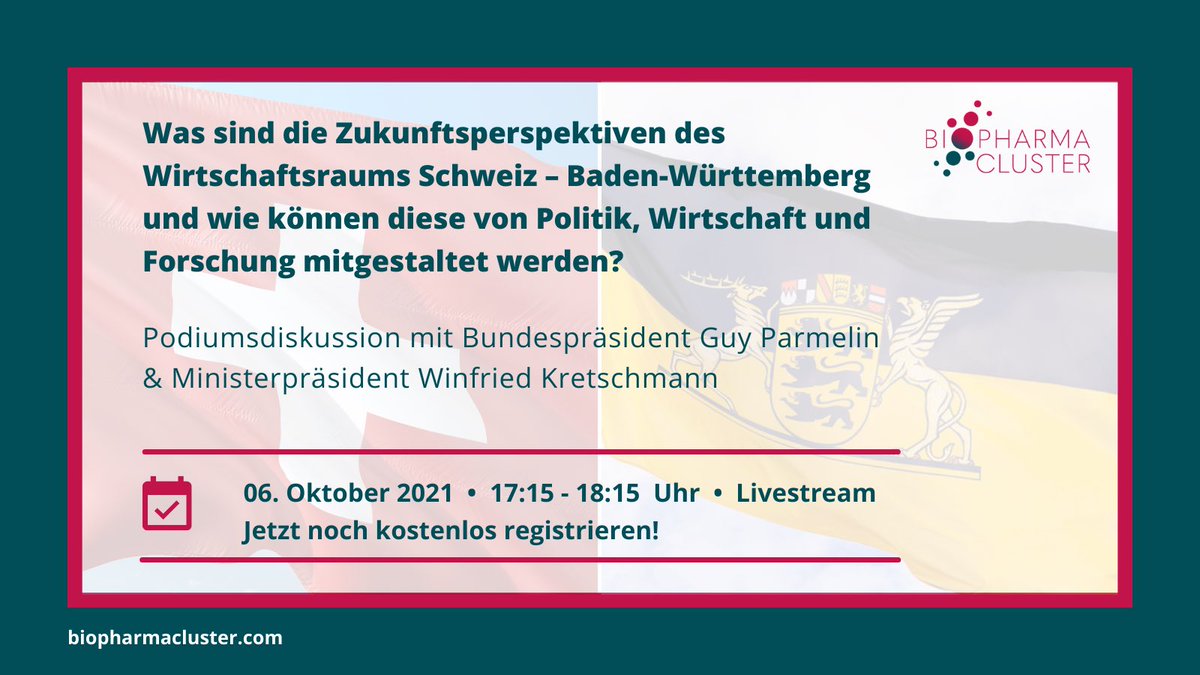 BioPharmaCL_GER's tweet photo. #TuesdayTipp | Mit Fokus auf #Gesundheit + #KI diskutieren @ParmelinG & Winfried Kretschmann mit Expert:innen von @Roche_de, @MicrosoftDE, @Cyber_Valley & @BW__i über die Zukunft des Wirtschaftsraums Schweiz/BaWü. Hier kostenlos zum Livestream anmelden: https://t.co/NFiIciQQpX https://t.co/Ur5uoPPI3r