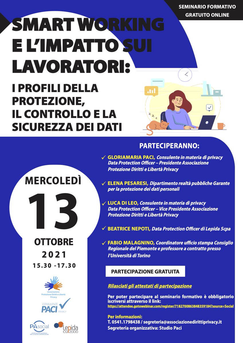 PaciStudio's tweet photo. Smart working, green pass e l’impatto sulla legge che tutela i dati personali. Due argomenti di grande attualità! 

Vi aspettiamo! 

Giovedì 13 Ottobre 2021 - Ore 15.30

Iscrizione obbligatoria: https://t.co/nntlXjCI9H https://t.co/IZO2VvoIRh
