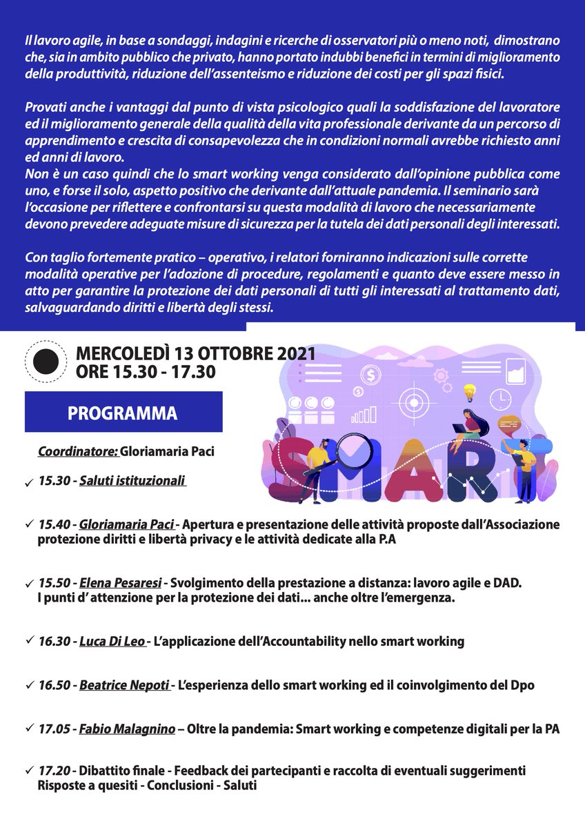 PaciStudio's tweet photo. Smart working, green pass e l’impatto sulla legge che tutela i dati personali. Due argomenti di grande attualità! 

Vi aspettiamo! 

Giovedì 13 Ottobre 2021 - Ore 15.30

Iscrizione obbligatoria: https://t.co/nntlXjCI9H https://t.co/IZO2VvoIRh