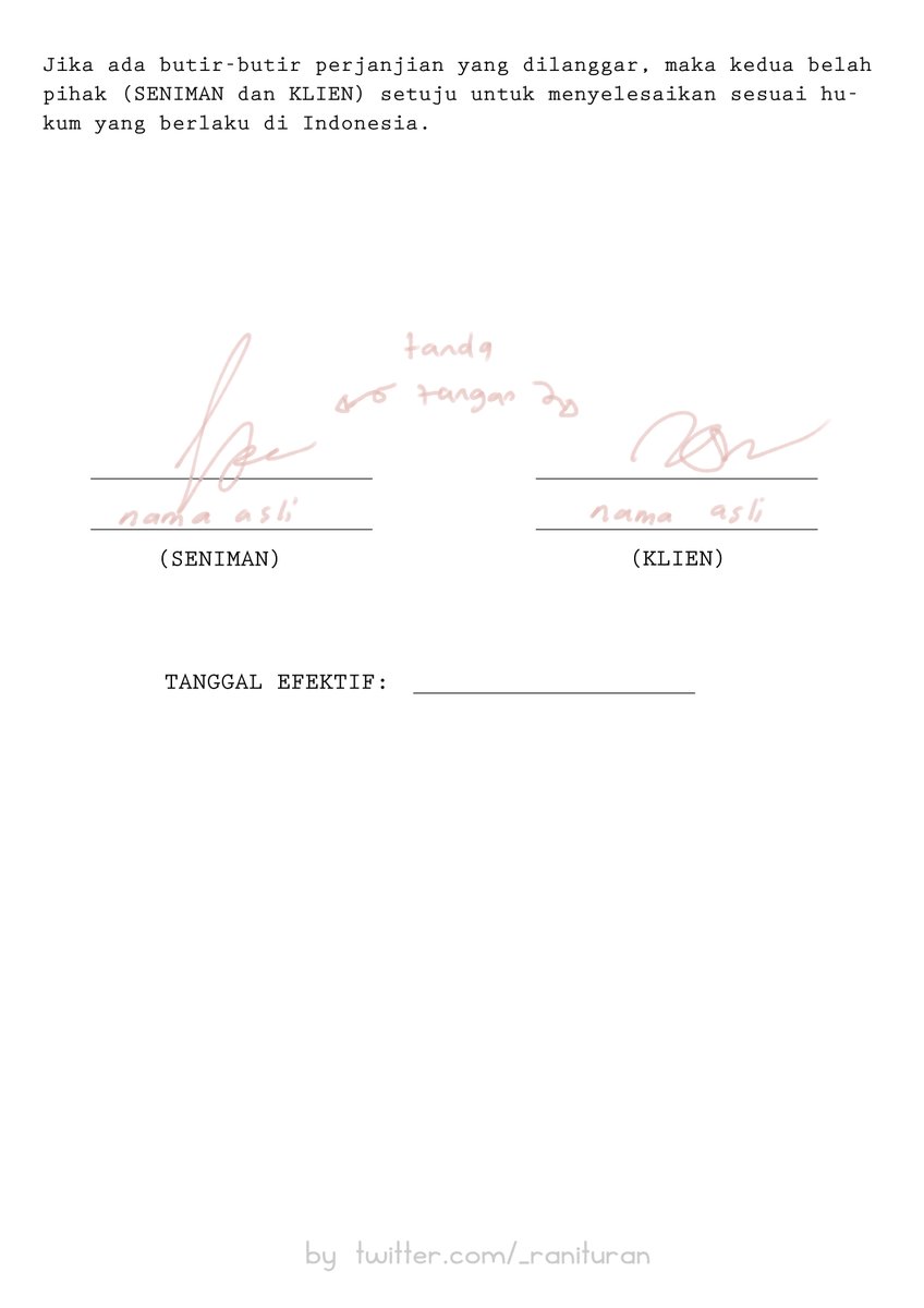 _ranituran's tweet photo. 📝KONTRAK📝

Kenapa kontrak yg dibuat artist hanya untuk personal use? Karena kalo teman2 dapet kerjaan commercial, pihak yg membuat kontrak adalah KLIEN (corporate,indie developer/publisher,dll) dan dikeluarkan oleh legal team mereka. https://t.co/XUH4SOrFdW