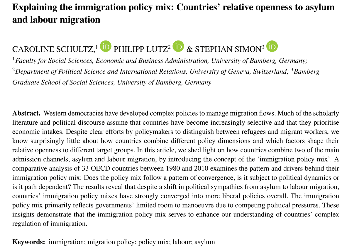 LutzPhilipp's tweet photo. Our research on the 'immigration policy mix' analysing how OECD countries combine policies on asylum and labour migration is now out in print --> @EJPRjournal - joint work with @Caroline14108 &amp; @steph_sim https://t.co/jw5IW7DMXh https://t.co/R96cXTkPs6