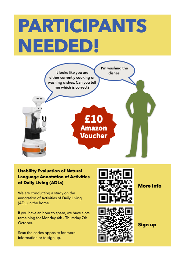 PARTICIPANTS NEEDED: There is still time to take part in our study on annotating daily activities with natural language and dialogue, slots available this week.
More info: bit.ly/3FiRsgB
Sign up: bit.ly/3ivlOCU