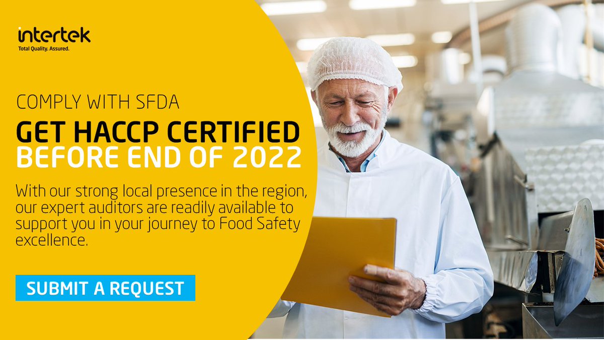 Intertek_ME's tweet photo. Looking to export food to KSA?The SFDA Strategic Plan 2018-2022 mandates all food establishments to be HACCP Certified by end of 2022.
We are authorised by SFDA to issue HACCP Certification in the Kingdom, &amp; help you comply with the country's regulations. https://t.co/RBR33gBv4I https://t.co/uOQwCfd2wl