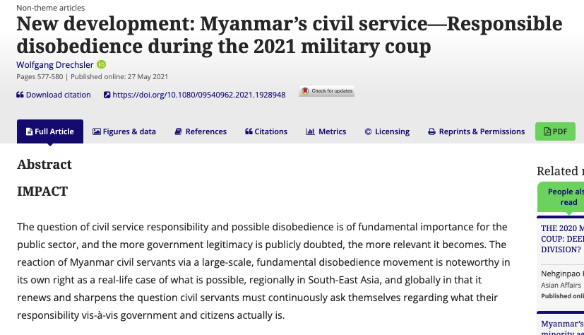 IIPP_UCL's tweet photo. When must bureaucrats refuse to work? Read all about civil service disobedience, and the case of the coup in Myanmar, in IIPP Honorary Prof Wolfgang Drechsler’s @wjmd new essay:

https://t.co/ZCfm8knoWU https://t.co/yx5NxVzzXT