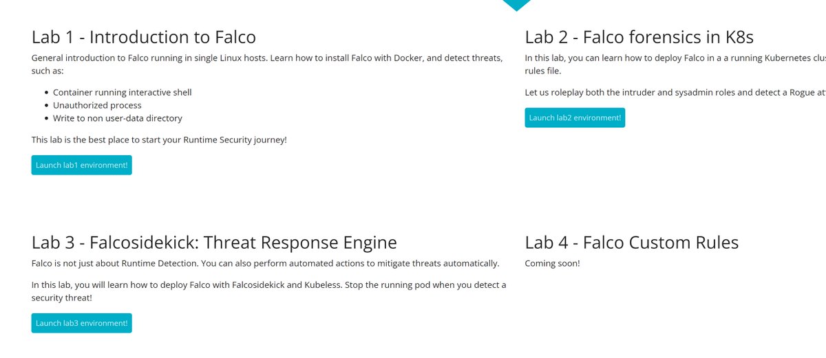 We are super proud to announce falco.org/labs/ a community created and led that helps you learn Falco in a controlled environment.  shout out to the crew who worked hard on this!