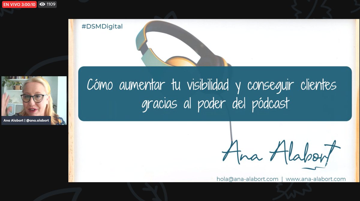 Continuamos con una ponencia de <a href="/analabort/">Ana Alabort</a> que hablará sobre su pasión sobre el podcast y cómo puedo conseguir visibilidad con este canal #DSMDigital