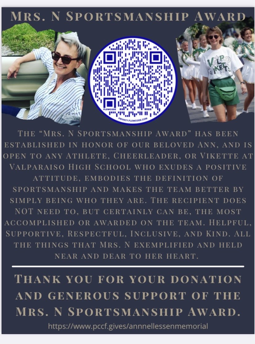 We are honored to say that we knew Ann Nellessen. She was one of a kind and we will all miss her terribly. The “Mrs. N Sportsmanship Award” has been established in her honor. Please see below to find out more information. ⁦<a href="/Valpo_Schools/">Valparaiso Community Schools</a>⁩ ⁦<a href="/ValpoHS411/">Viking Info</a>⁩ ⁦