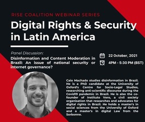 <a href="/VeroInstituto/">Instituto Vero</a>'s Caio Machado will join our 22 October panel on Rights and Security in Latin America. Machado is the executive director and co-founder of Instituto Vero, an organisation that advocates for digital rights in Brazil. Join our webinar here: tinyurl.com/ctu7z3ae