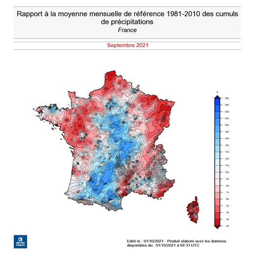 meteofrance's tweet photo. 📊[BILAN #SEPTEMBRE 2021]

🌡️ T°C moy : 19,3°C. > 2,0°C à la normale. 
 🌧️ En moyenne sur le pays, pluviométrie déficitaire ~10 %.
☀️ Soleil généreux sur nord de l’Hexagone, excédent de 20 à 40 %, des Hauts-de-France au Grand-Est et nord Franche-Comté.

➡️https://t.co/wC6imOMzLS https://t.co/eJCYYmYoot