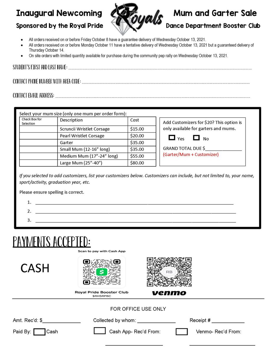 Check this out lions! We have all of your mum needs taken care of. All orders received by Friday will be available for pick up Wednesday 10/13. You can turn in order forms to any Royal or Coach O’Haver. We will also be set up in lunches later this week to take orders. <a href="/RandleHS/">Randle High School</a>
