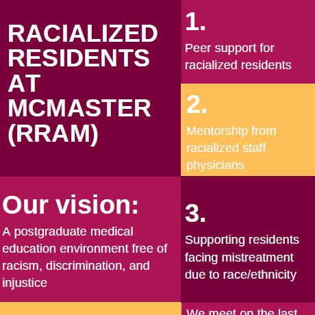 Racialized Residents at McMaster (RRAM) is a resident-led group with the vision of a postgraduate medical education environment free of racism, discrimination, and injustice. RRAM meets regularly and welcomes new members. Learn more, pgme.mcmaster.ca/traineeaffairs…